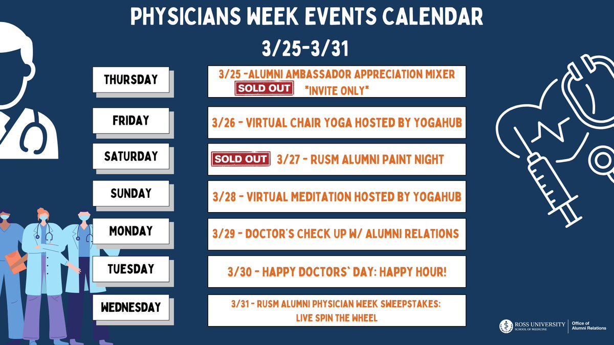 Physician's Week is almost here! March 25-31. 
Haven't registered for an event? Be sure to register for an event today!
By attending the events you will be entered into a sweepstakes to win one of the many cool prizes!!
RSVP HERE:  medical.rossu.edu/alumni/events

#RUSMAlumni