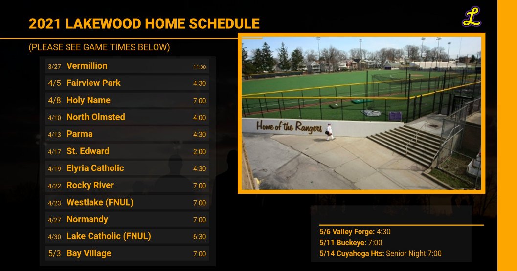 📆 Bookmark and hold on to this one! 

Home Game Schedule for your 2021 Lakewood Rangers

Excited for some GLC games under the lights, the return of Friday Night Under the Lights, and many exciting matchups!

Hope to see you at the Ballpark!⚾️🎟