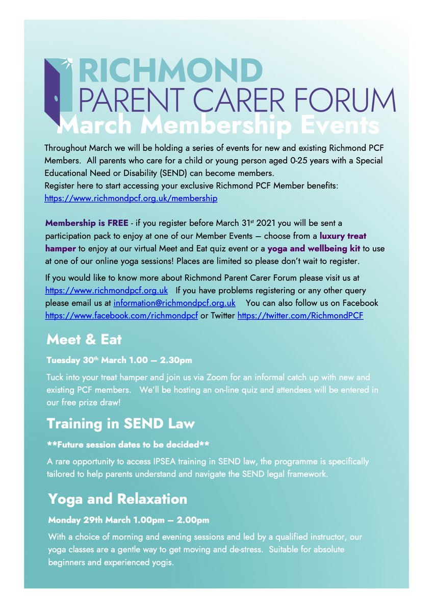 RichmondPCF's tweet image. **PLEASE RE-TWEET!**
NEW DATES ADDED to our virtual March Membership Events!  We have an extra Yoga Session on Mon. 29th March, 1-2pm with FREE yoga kit and Meet &amp;amp; Eat social with Quiz Tues. 30th March 1-2.30pm with FREE hamper gift. Join and book here: richmondpcf.org.uk/membership/