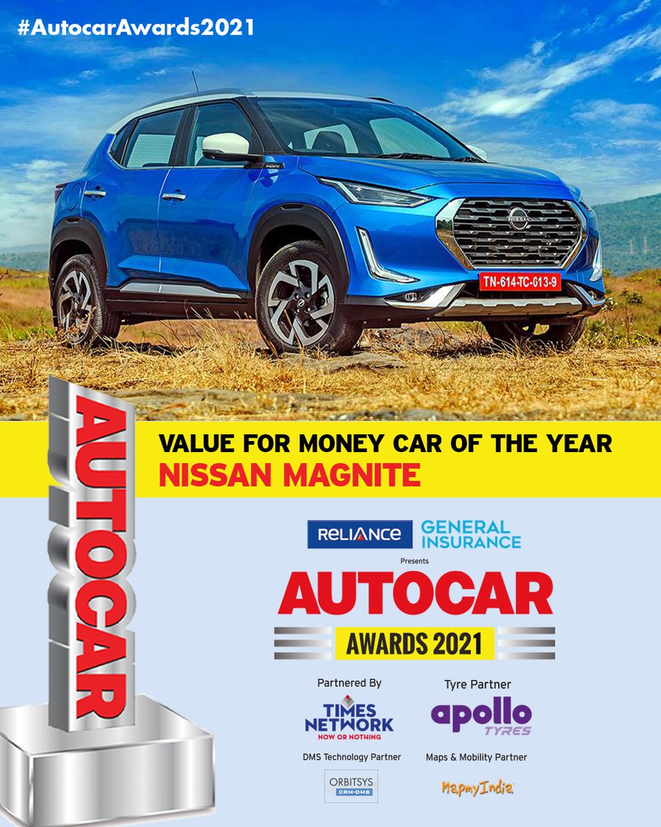 autocarindiamag's tweet photo. The @Nissan_India Magnite packs in style, function and offers features never seen before in cars at this price point. And that’s why it wins our Value for Money Car of the Year award. #AutocarAwards2021 https://t.co/YyfeykWNKc