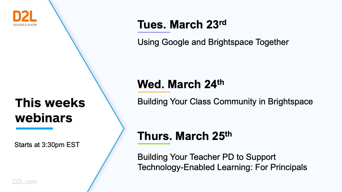 D2L's tweet photo. ⭐ K-12 Webinars This Week ⭐ Education has undergone so many changes recently - we want to help you with transitioning your teaching to a remote, virtual, hybrid, or blended teaching model: https://t.co/uN5snkdZOB #Brightspace #D2L https://t.co/g6ar3c4csN