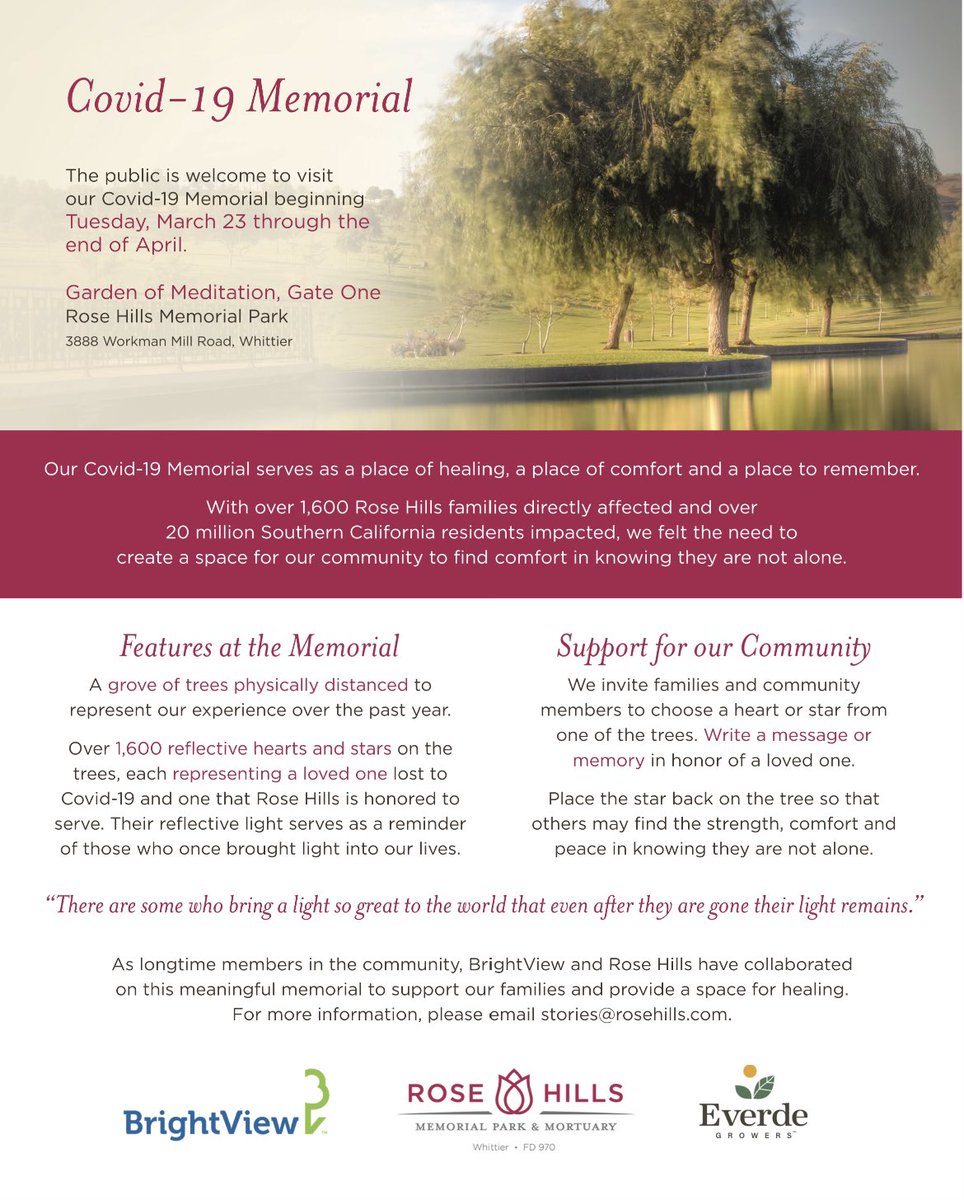 Our Covid-19 Memorial serves as a place of healing, a place of comfort &amp; a place to remember. 

With over 1,600 Rose Hills families directly affected &amp; over 20 million SoCal residents impacted, we felt the need to create a space for our community.  

facebook.com/events/7791518…