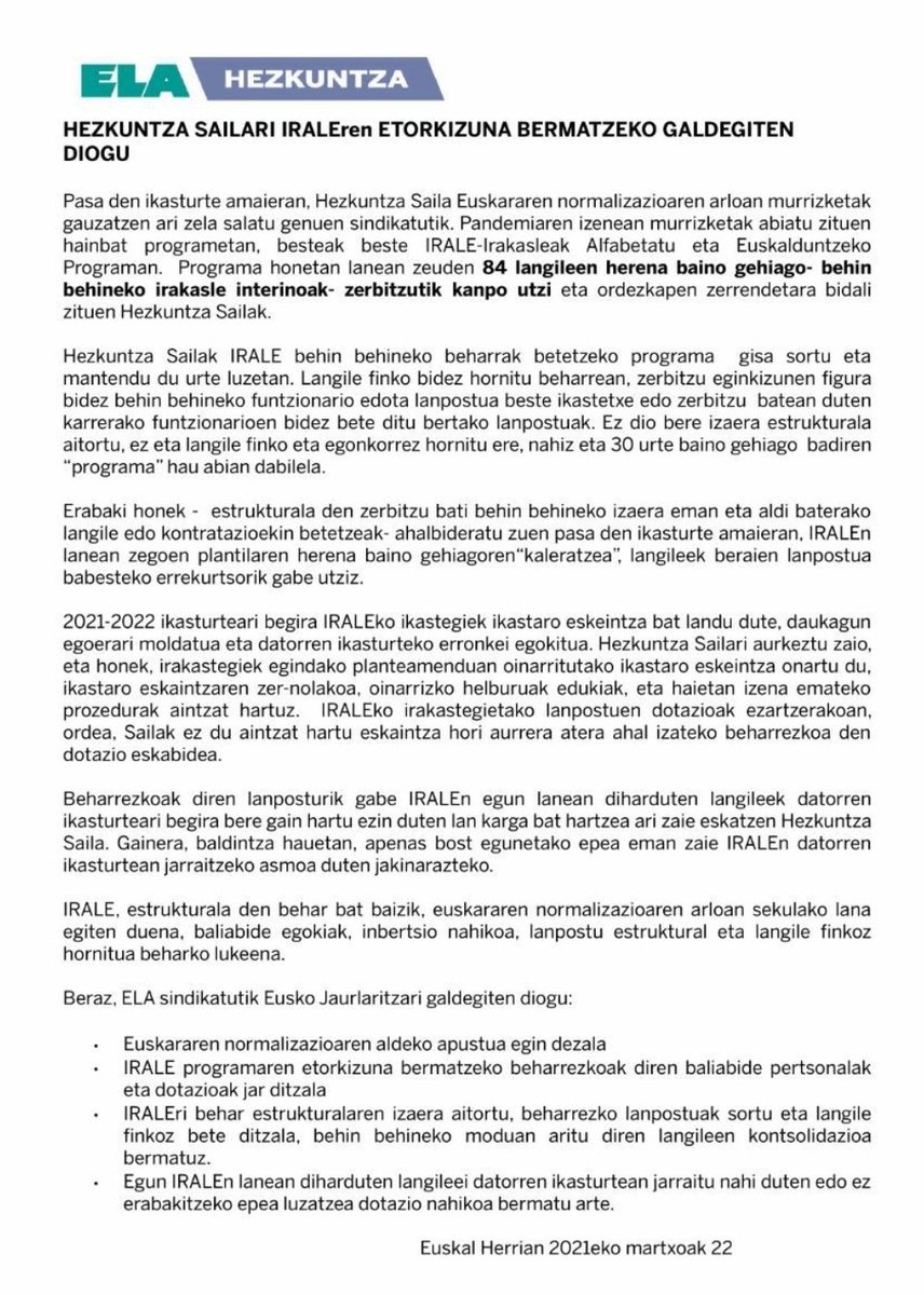 ELAHezkuntza's tweet photo. #IRALE-ren etorkizuna bermatu dezan @Gob_eus-i egin diogun eskaeraren inguruko oharra aurkituko duzue jarraian.
👇👇👇👇👇👇👇👇👇 https://t.co/kyf1jp8tNU