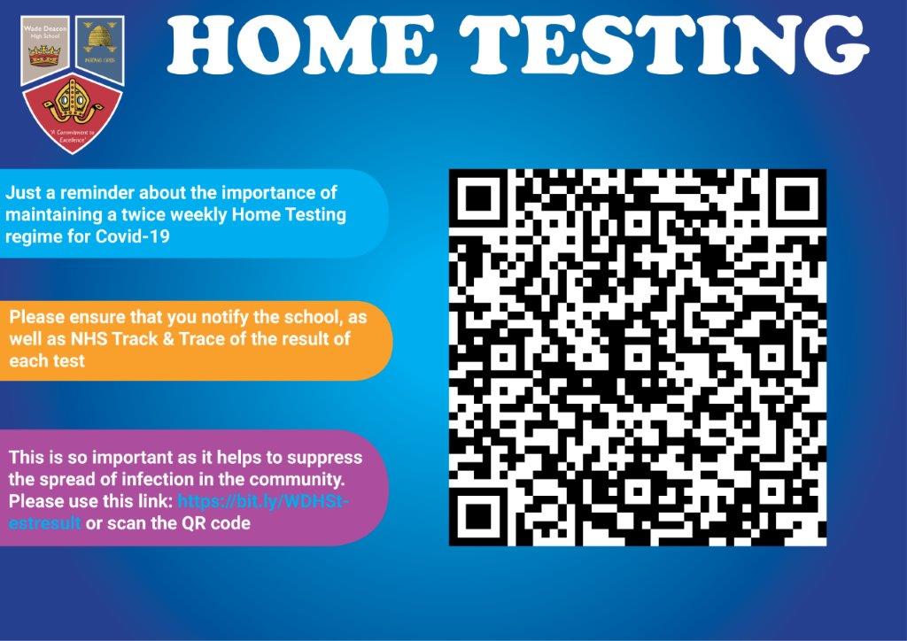 wadedeacon's tweet photo. Hi everyone,

Just a reminder about the importance of twice weekly Covid-19 home testing for our students, as well as the need to keep the school and NHS Track &amp; Trace informed. https://t.co/Pzg00TbjnQ