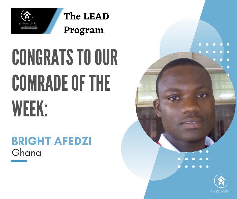 studentshubgh's tweet image. Congratulations to Bright Afedzi for being the Comrade of the week with excellent grades👏.
Keep up the good work and soar higher!

Learn more about the LEAD program here;
ow.ly/HZXl50E6d7T
#leadprogram