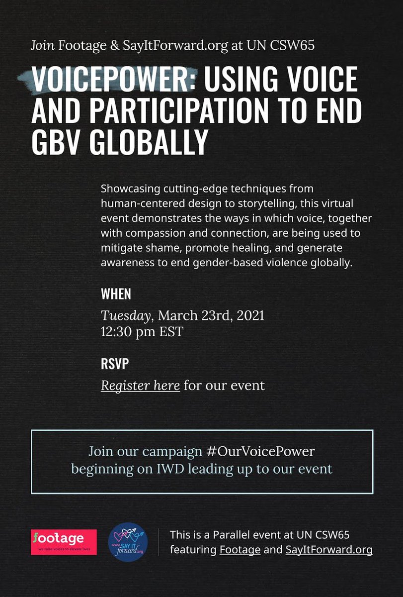 SharonDAgostino's tweet image. We invite you to join this @Footageproject #VoicePower #CSW65 event TODAY at 12:30pm ET! @yobreezy will read the inspiring words that #survivors have shared anonymously at SayItForward.org #EndVAWG
#ThePowerOfStories via @SayItForwardNow