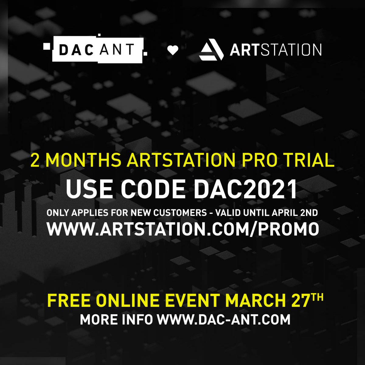 Big thanks to <a href="/ArtStationHQ/">ArtStation.com</a> for sponsoring a promo code that gives first time users a chance to try ArtStation Pro for free!

Check out dac-ant.com for more info our our free online event for Digital Artists.

#free #online #conference #digitalart #quader