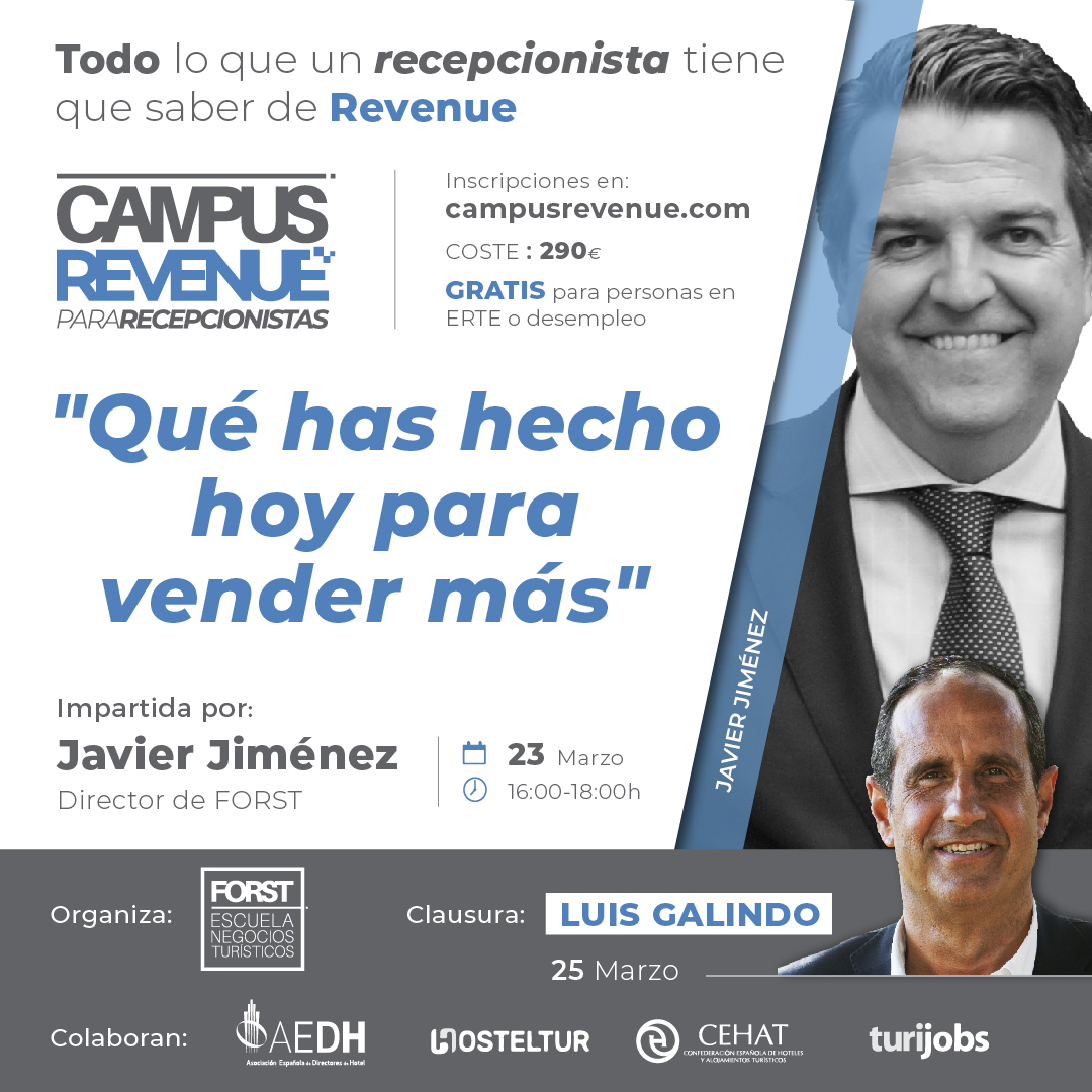 🔴 ✔️ QUINTA MASTERCLASS en #campusrevenue, HOY tenemos a Javier Jiménez, Director <a href="/FORSTEscuela/">FORST Escuela de Negocios Turísticos</a> con "Qué has hecho hoy para vender más"
No te lo puedes perder!
CONÉCTATE YA 👉🏼 CampusRevenue.com
Comenzamos a las 16:00h.
Abrimos puertas a las 15:30h 📲 💻