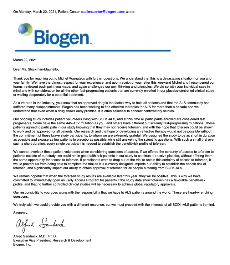 LisaLegacy4ALS's tweet photo. Here is denial letter #3 from @biogen. We will not give up. PLEASE open a Ph3b safety trial or  #VALOR to Lisa and patients in DESPERATE need. @US_FDA PLS work with #Biogen to make this happen. #MoreTime4Lisa #BiogenSayYesToLisa #HumanityAndScienceForLisa #endALS #tofersen4Lisa https://t.co/KgDNVWI1SZ