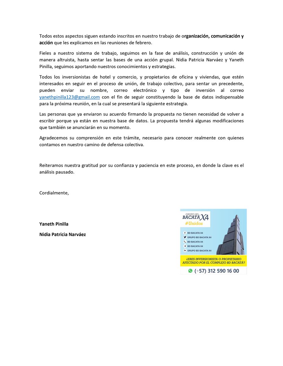 AsociacionBd's tweet photo. 📌Gracias por leer atentamente el siguiente comunicado, firmado por la abogada Nidia Patricia Narváez y por la periodista Yaneth Pinilla 👇 https://t.co/qZaRogDEEL