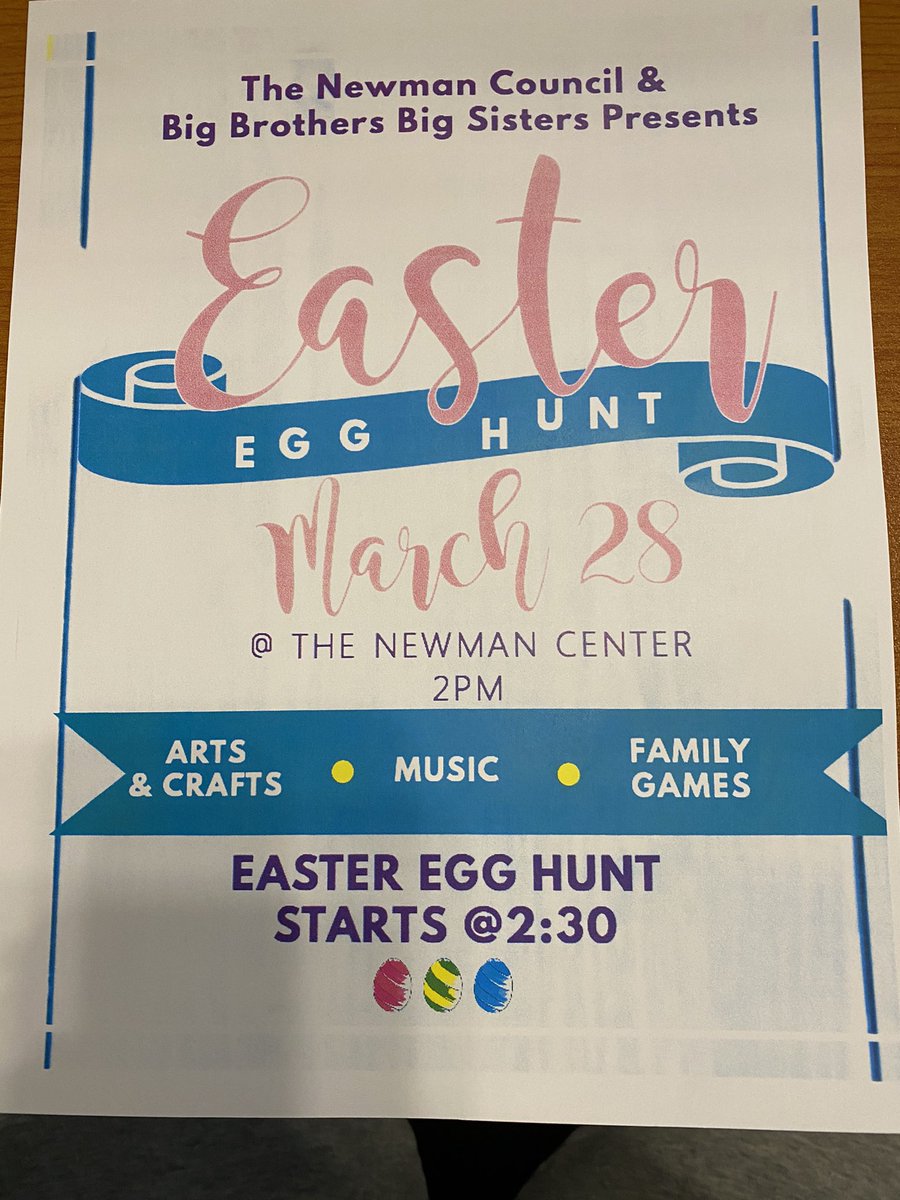 wiucatholic's tweet photo. Please come out and join us for our Easter egg hunt on Mach 28th at the Newman center. Excited to see you there!!🐣 https://t.co/7UoxGMpO2n