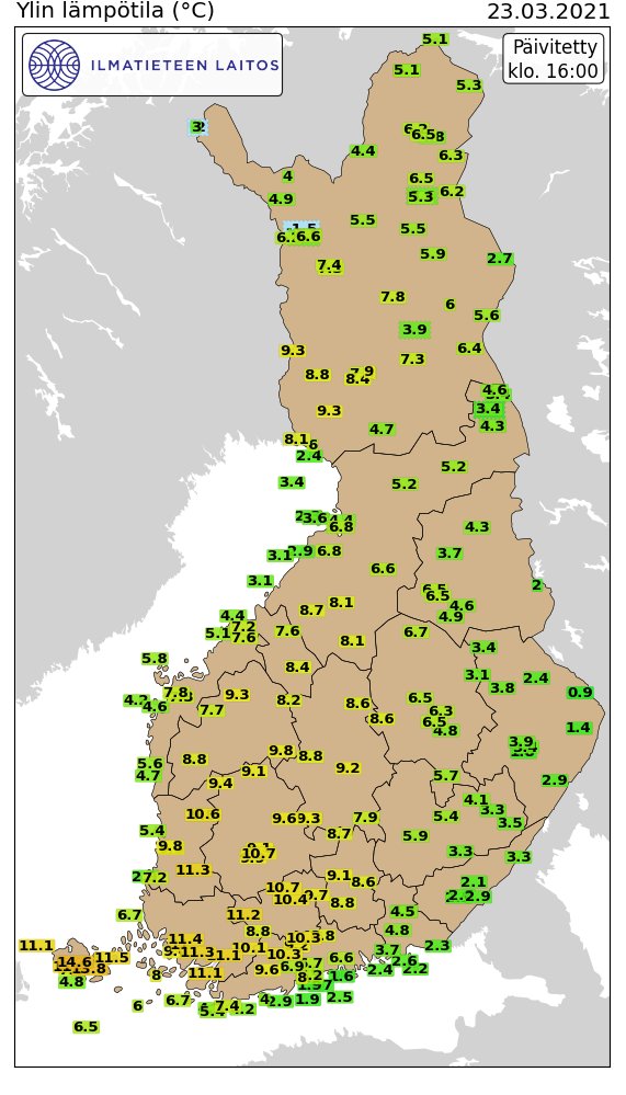 meteorologit's tweet photo. Tänään on mitattu kuluvan vuoden korkein lämpötila: 14,6 °C Jomala Jomalabyssa. Viimeksi näin varhain kalenterivuoden aikana on 14,0 astetta ylitetty vuonna 2012, jolloin 22.3. lämpötila kohosi Jomalassa peräti 15,8 asteeseen. #lämpö #maaliskuu https://t.co/06LNyf23eZ