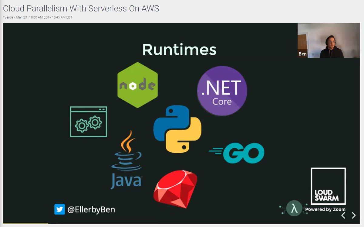 mistwire's tweet image. Up now on #PWC2021: AWS Hero @EllerbyBen presents "Cloud Parallelism With Serverless On AWS"
Let's get our #Python Lambdas on!