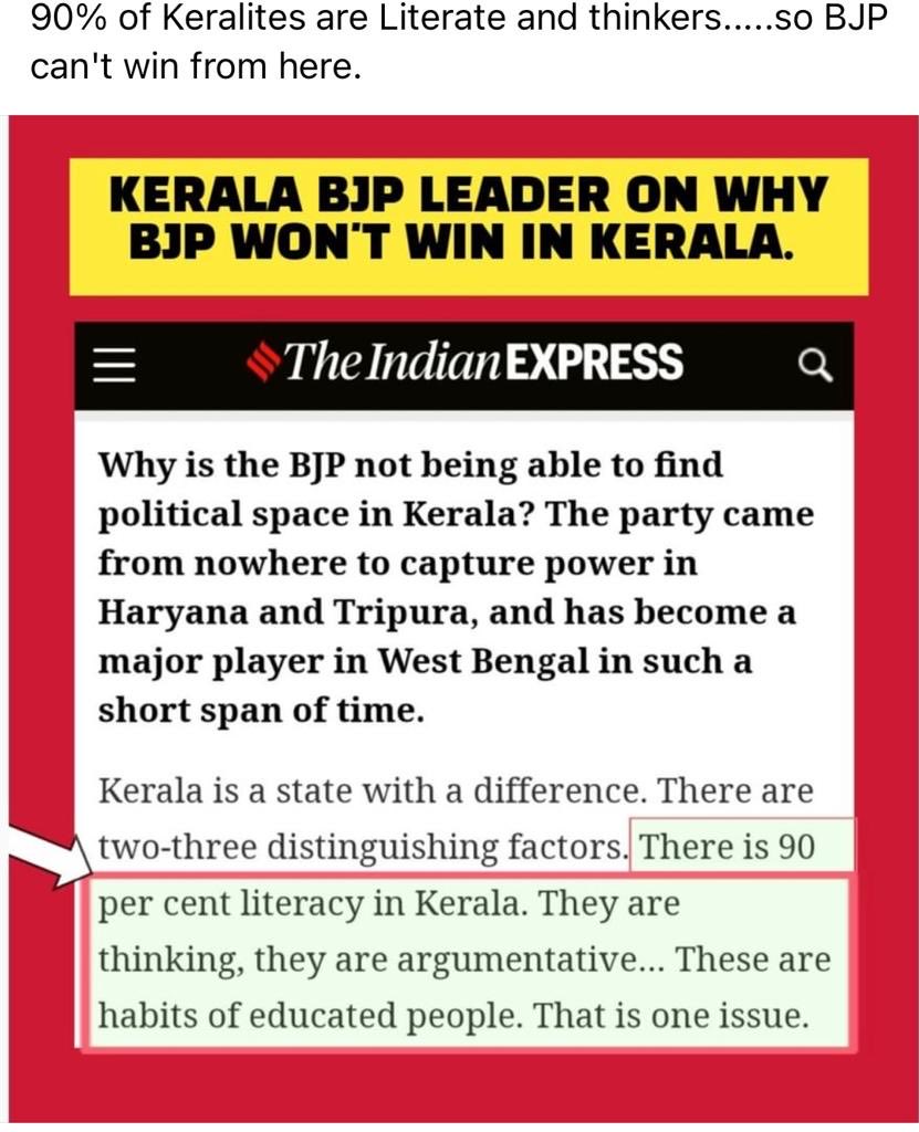 It was wonderful to see my good friend & erstwhile opponent O Rajagopal let the cat out of the bag in this interview to Manoj of the ⁦@IndianExpress⁩! An authoritative BJP source admits that Keralites don’t vote for the BJP because they are educated & can think!!