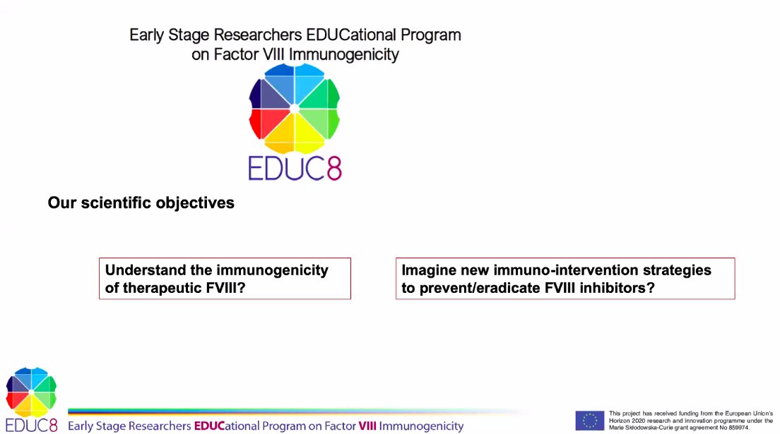 Amanda_Bok's tweet photo. Hearing from young researchers @ today's 1st meeting of @Educ8Network to understand / better address FVIII immunogenicity - @EHC_Haemophilia proud to co-partner on this @EuropeanCommiss funded project w broad group of experts @DesmazesLacroix @EAHADnews @PeyvandiFlora @ciukolotta https://t.co/BFNQ6Bz7L4