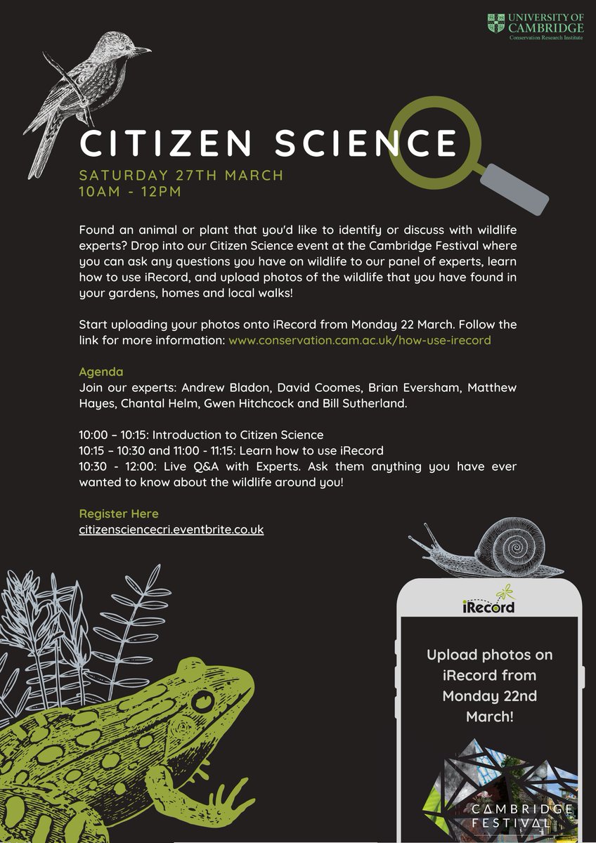 Save the date! Register for Citizen Science, and start uploading your photos onto iRecord here: bit.ly/3rbMtpx. For information on our Citizen Science event and how to use iRecord, visit our event page here: bit.ly/2PlIMAE #CitizenScience #CambridgeFestival