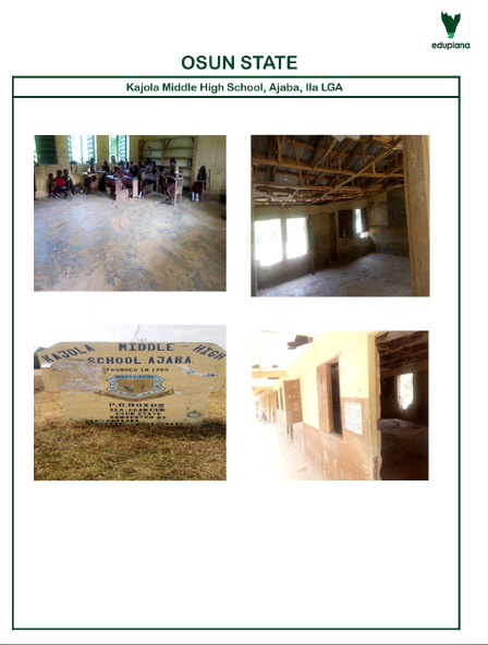 H.E. @GboyegaOyetola,
 
OSUN State #PlanEducation
•  allocation percentage not available
• 1 dilapidated schools reported,
• 22% out of school children.
 
Kindly release more education fund in 2021 and direct @Osungovt SUBEB officials to prioritize schools renovation