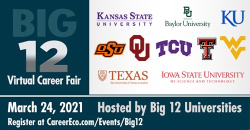 WVU students of all majors are invited to the Big 12 Virtual Career Fair tomorrow (3/24) from 11:00 a.m.-6:00 p.m. Connect in real-time with employers and talk with recruiters!
 
Info and registration ➡️ go.wvu.edu/e4VYk