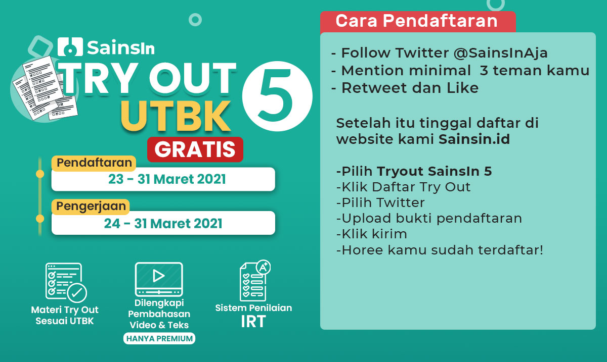 sainsinaja's tweet photo. Tryout UTBK 5 SainsIn TKA + TPS DIBUKA GRATIS🔥

(SAINTEK dan SOSHUM)

✅Pembahasan Video &amp; Teks (Hanya Premium)
✅Penilaian IRT

Cara Pendaftaran GRATIS:
1. Follow Twitter 
@sainsinaja
2. Mention minimal 3 teman kamu 
3. RT dan Like
4. Buka https://t.co/kMBIDdoKuV https://t.co/cF1z7L9zzi