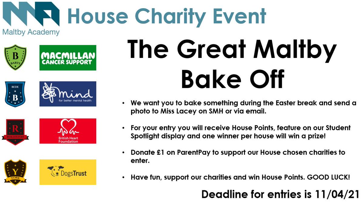 MaltbyAcademy's tweet photo. The Great Maltby Bake Off. Have fun, support our charities and win House Points! https://t.co/CAuD6blqw6