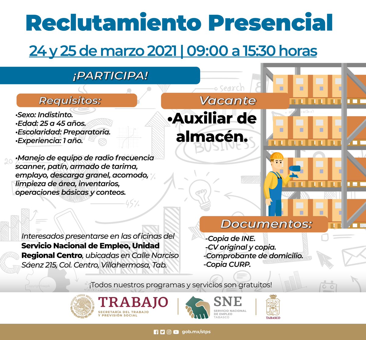 SNE_Tabasco's tweet photo. 📣Reclutamiento Presencial📣
Acércate a las oficinas del #SNETabasco Unidad Regional Centro, ubicada en 📍Calle Narciso Sáenz No. 215, Col. Centro, Villahermosa, Tabasco.
🗓24 y 25 de marzo 2021
🕰09:00 a 15:30 horas https://t.co/75p3EPnSwl