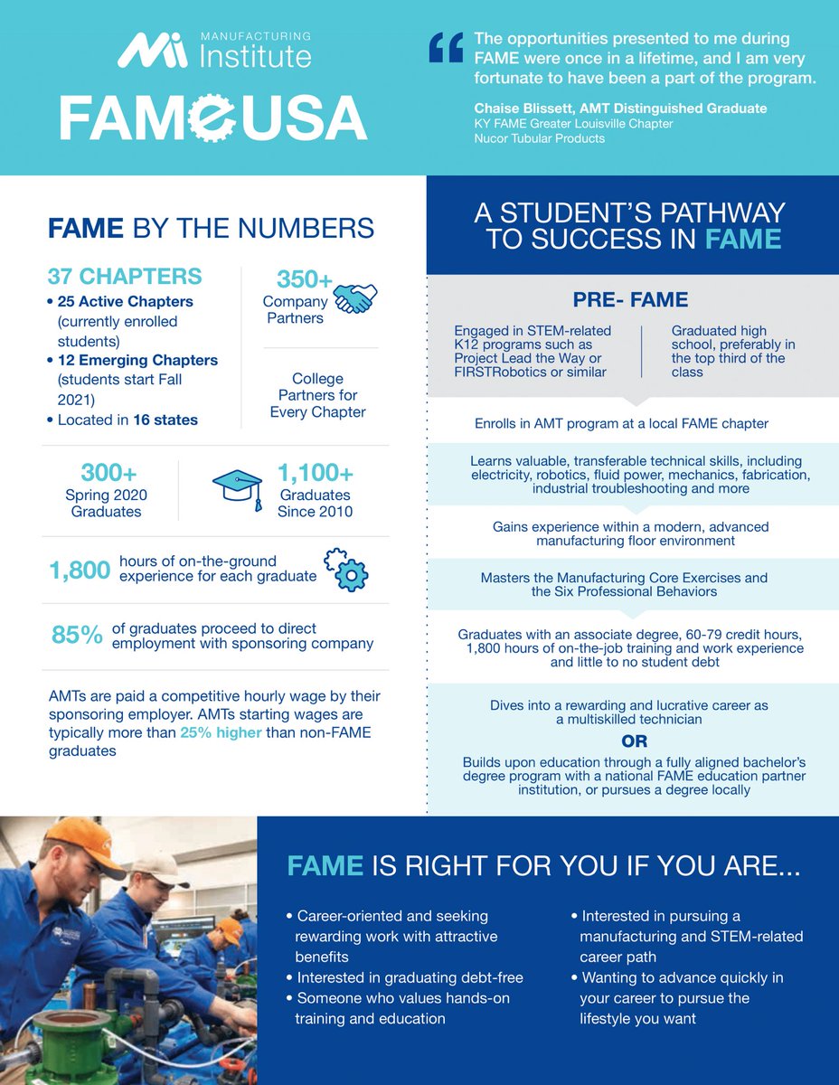 Federation for Advanced Manufacturing Education (FAME) has program for Industrial Maintenance called Advanced Manufacturing Technicians (AMTs). This is a high demand career, plus students can earn 2-year degree debt free. Application is April 15 at calhoun.edu.