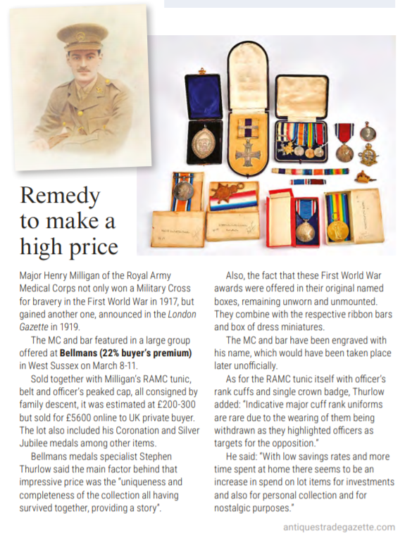 This impressive collection of First World War medals and memorabilia certainly gathered some attention when it came up for auction at Bellmans this month. 

Estimate:£200-£300
Sold for: £5,600