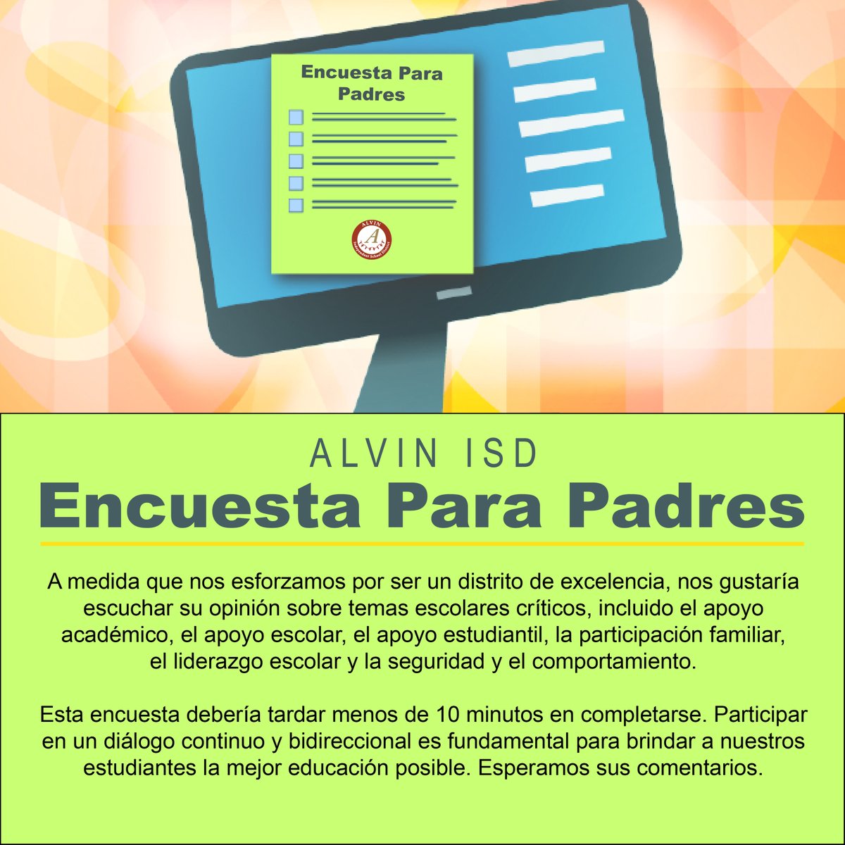 As we strive to be a district of excellence, we would like to hear your thoughts on critical school issues, including academic support, school support, student support, family involvement, school leadership, and safety and behavior. Take the survey here: bit.ly/3tNZgQK