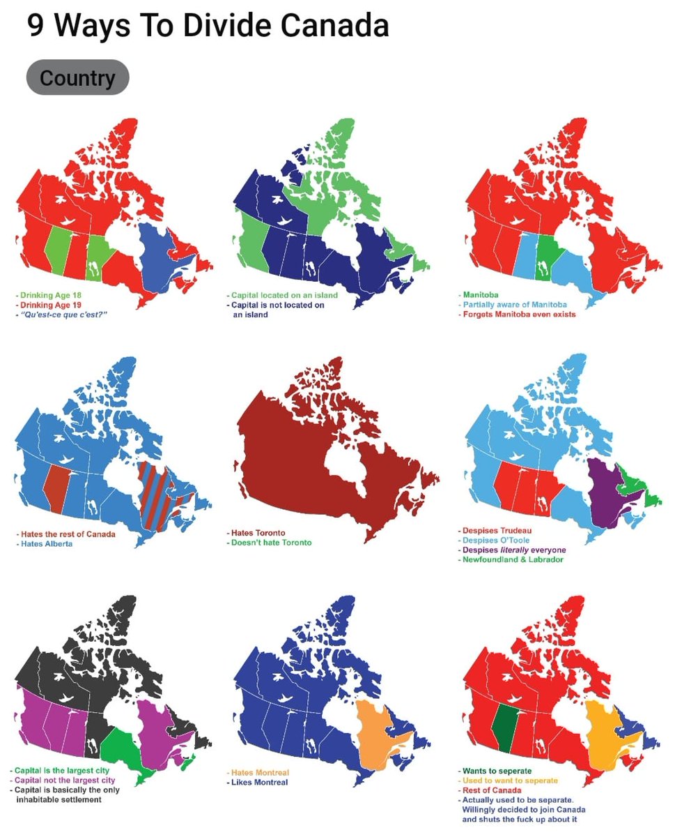 ruthmkb's tweet photo. This illustration made me chuckled this morning. 9 ways to divide Canada. #cdnpoli https://t.co/9PRDqmo82W