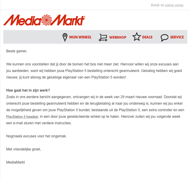 JimmyBeekink's tweet photo. @mediamarkt_nl Hoe zit het met de terugbetaling van de aanbetaalde 620eu voor de PS5 als je wel beloofd bent om er in de week van de 29e een op te mogen halen? 

Wel de onderstaande mail gehad (over een onterechte annulering), maar zie nog geen geld retour 🤔

#Mediamarkt #PS5 https://t.co/m1PaguOdPH