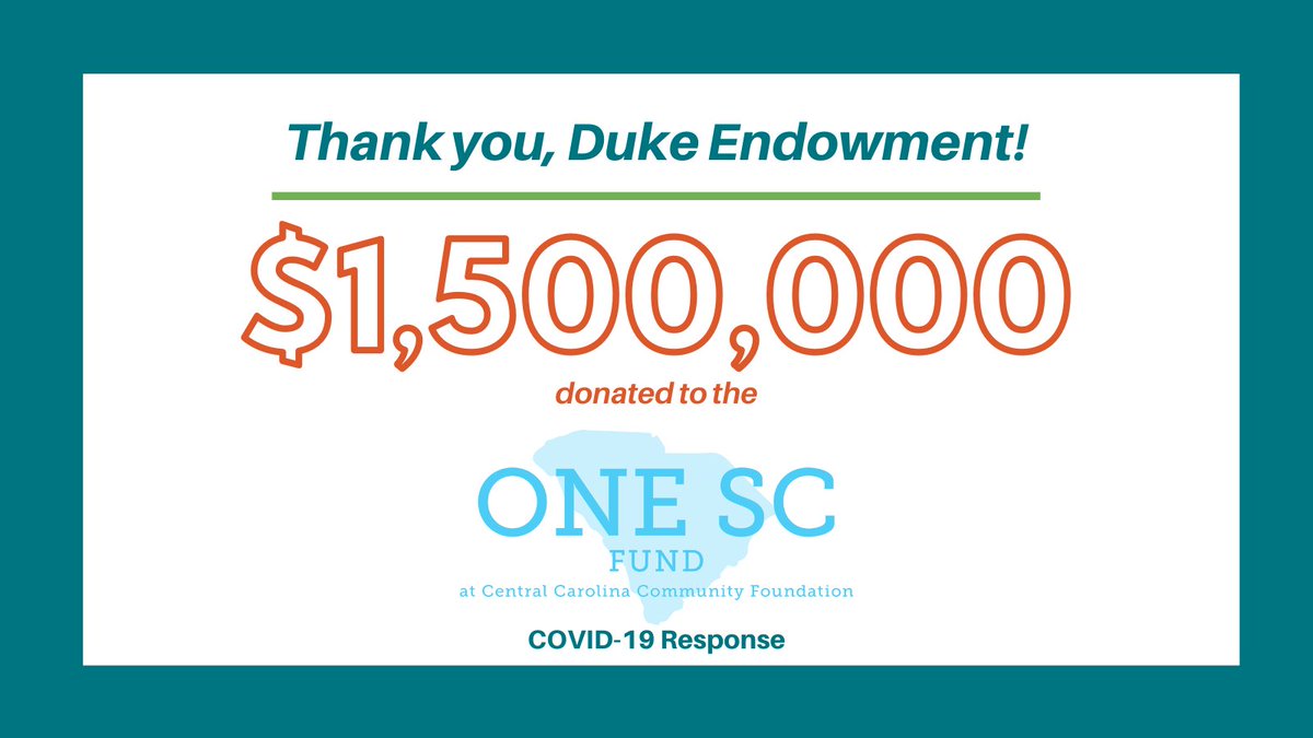 CCCFtweets's tweet photo. The @DukeEndowment has announced a $1.5MM gift to the #OneSCFund: #COVID19 Response! 🎉

We're grateful for the generous support that will allow us to maximize our targeted statewide response to support SC's most vulnerable communities.

🔗 👉 https://t.co/3bejUitmxi https://t.co/1BZVRVqbwg