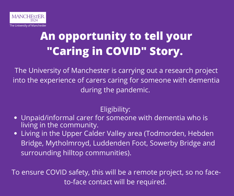MancHealth's tweet photo. Researchers at The University of Manchester, Annie Harrison and Liz Dalgarno, are conducting a project into caring during COVID. They want to talk to older people who are unpaid/informal carers of someone with dementia during COVID-19 restrictions. 
Details below: https://t.co/zDHiauEqed