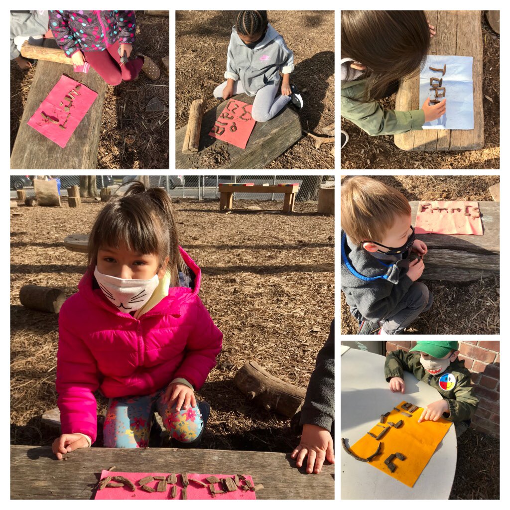123Coady's tweet photo. What a beautiful morning to write our names using natural materials!! 🌞 🌳@SuzyArruda4 @KWSS_TDSB @tdsb #tdsb @EarlyYearsTDSB #outdoorlearning #literacy #Kindergarten #ziigwan #spring #nature https://t.co/jLsILtVGFY