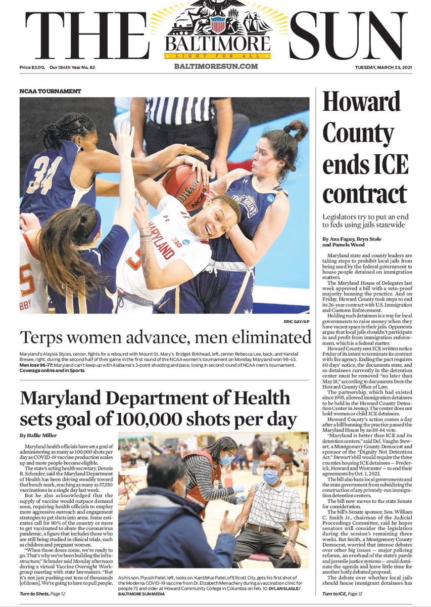 LizWalshHoCoD1's tweet photo. Today’s front page of the @baltimoresun. ❤️ https://t.co/j8VT7VuoPK