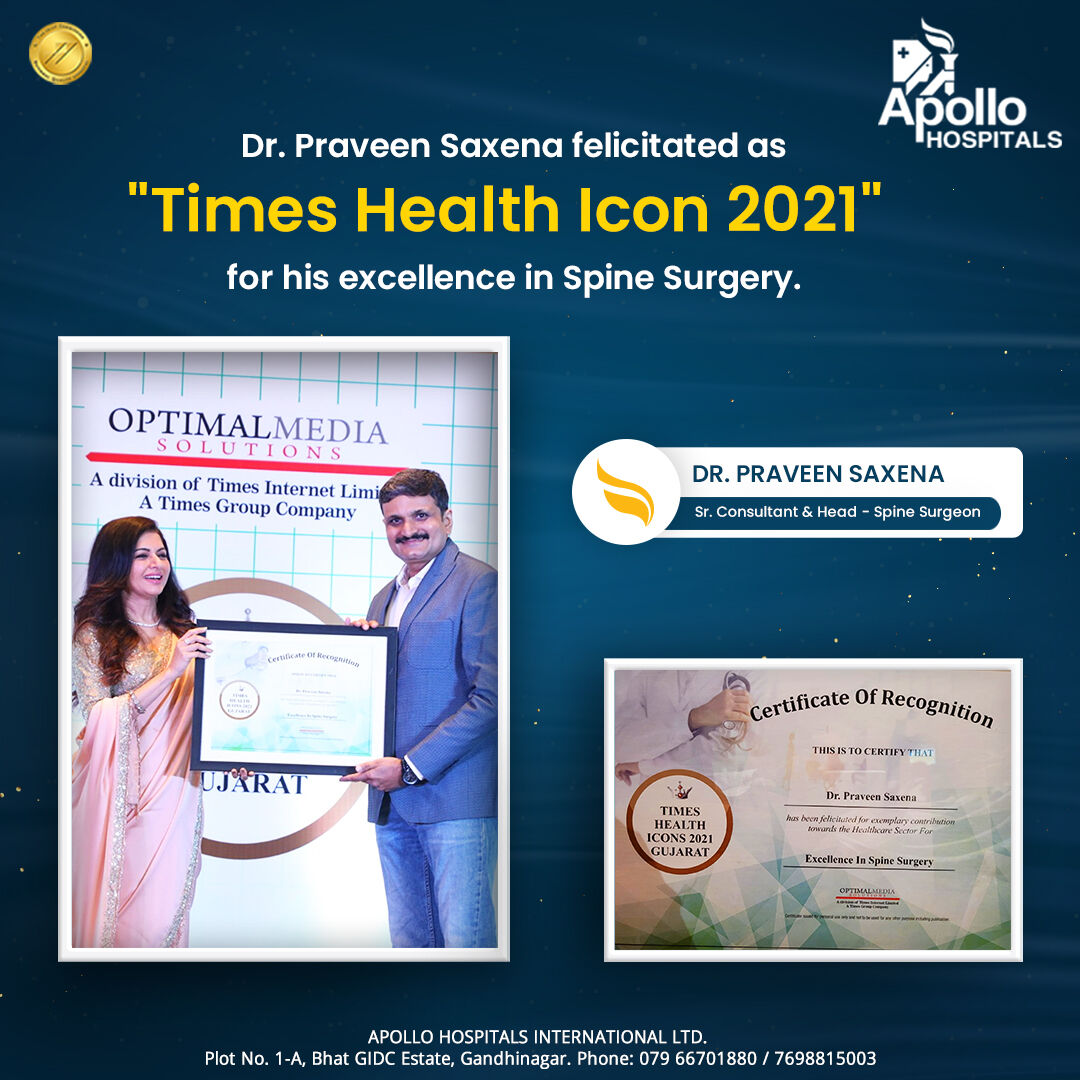 AhmedabadApollo's tweet photo. We are proud to share that Dr. Praveen Saxena, Sr. consultant at #apollohospitalsahmedabad is felicitated with “#TimesHealthIcon2021”. The award is for his contribution and excellence in the field of #Spinesurgery.

#LeadingByExcellence #SpineTreatment #ApolloHopsitals #Ahmedabad https://t.co/TJOVPOfMh5