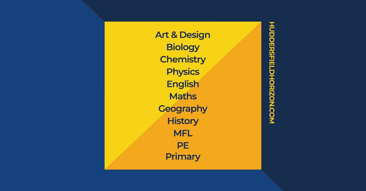HudHorizonSCITT's tweet photo. Here at Huddersfield Horizon, we offer so many brilliant courses for you to start your journey into teaching. 

If you're interested in training to become a teacher in any of these subjects, visit our website to learn more - https://t.co/K92RUqi4Z2 https://t.co/29R7yhaCi6