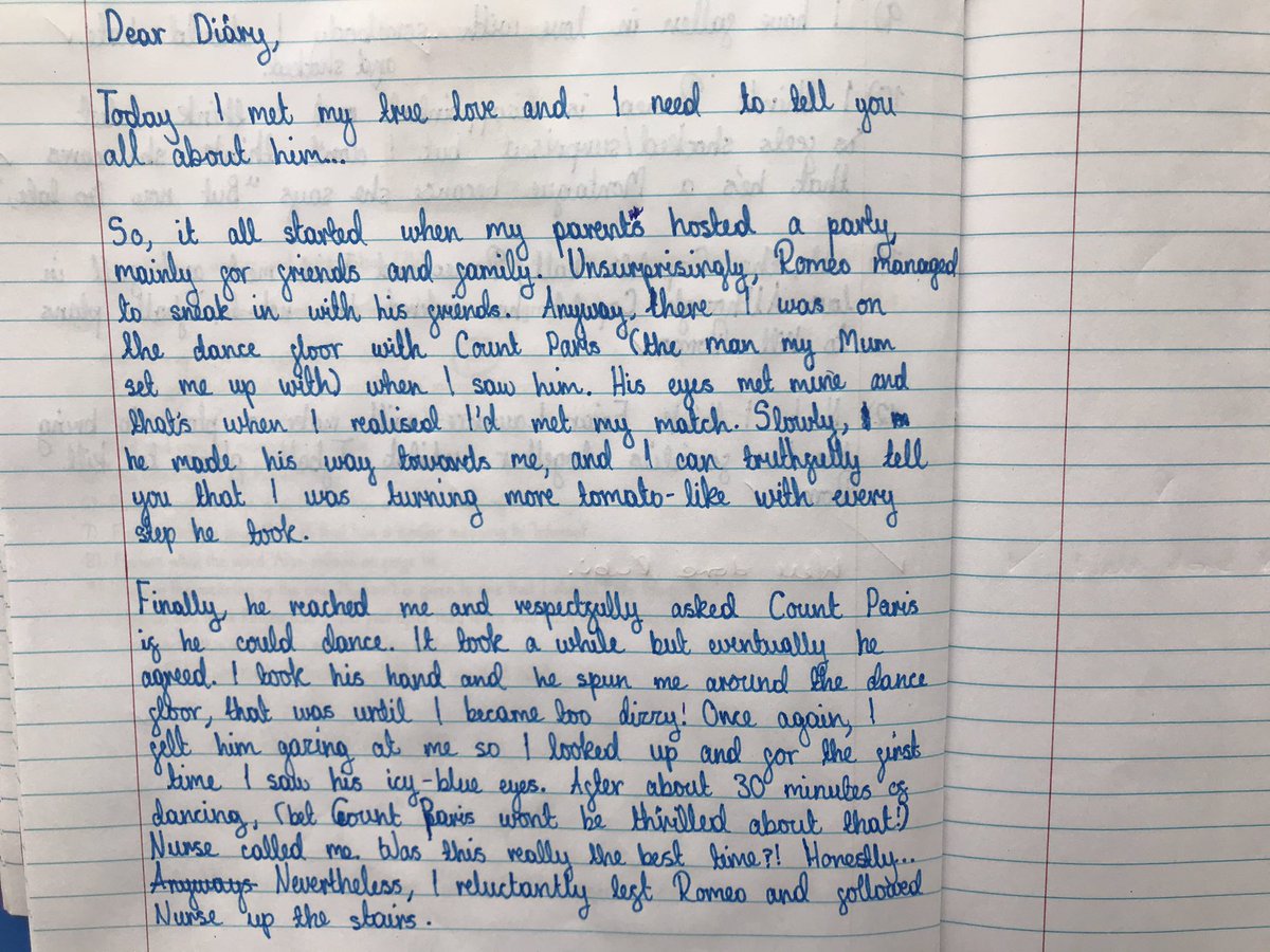 WhetstoneYear6's tweet photo. Our Romeo and Juliet diary entries, written on the day they first met... 💜 ❤️ https://t.co/uRLGnbksGG
