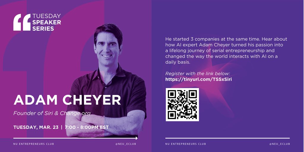 “Hey Siri, what am I doing tonight?”

We can tell ya - joining our Speaker Series this evening to hear about Adam Cheyer’s journey founding iconic tech companies like Siri, change.org, and Viv Labs!

He’s also a magician - it doesn’t get any better than that...