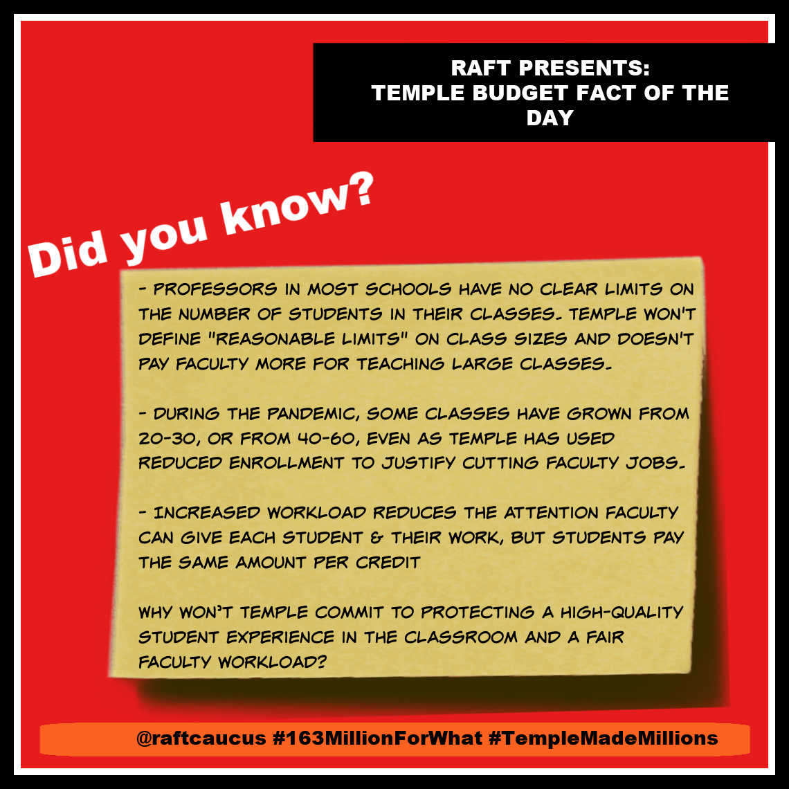 #TempleUniversity budget fact of the day: Temple increased course sizes this year, while citing decreased enrollment to justify cutting faculty jobs! 

#TempleMadeMillions #163MillionForWhat #RealCollege #HigherEd #ClassSize