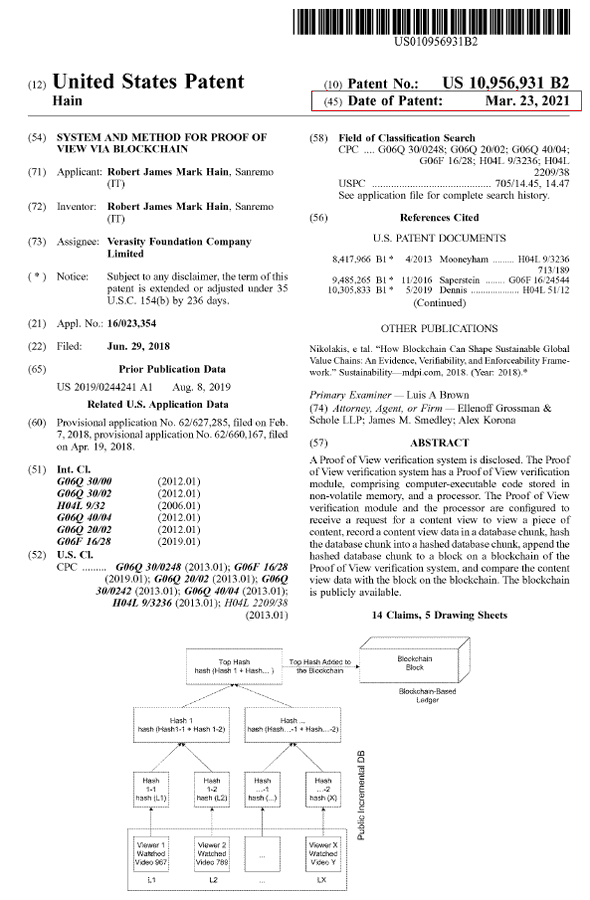 verasitytech's tweet photo. Better image of the patent award for those of you that want to search it and read it. #PoV $VRA https://t.co/C23fYrCiEp