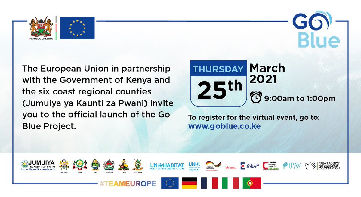 amkimanthi's tweet photo. The European Union in partnership with @giz_gmbh #Kenya, the Government of Kenya, and the 6 coastal region counties (Jumuiya ya Kaunti za Pwani) invite you to the official launch of the #GoBlueProject.
To register for the launch, visit https://t.co/K8YS5qSrCY
cc @JumuiyaBloc https://t.co/MJSgoFW1LZ