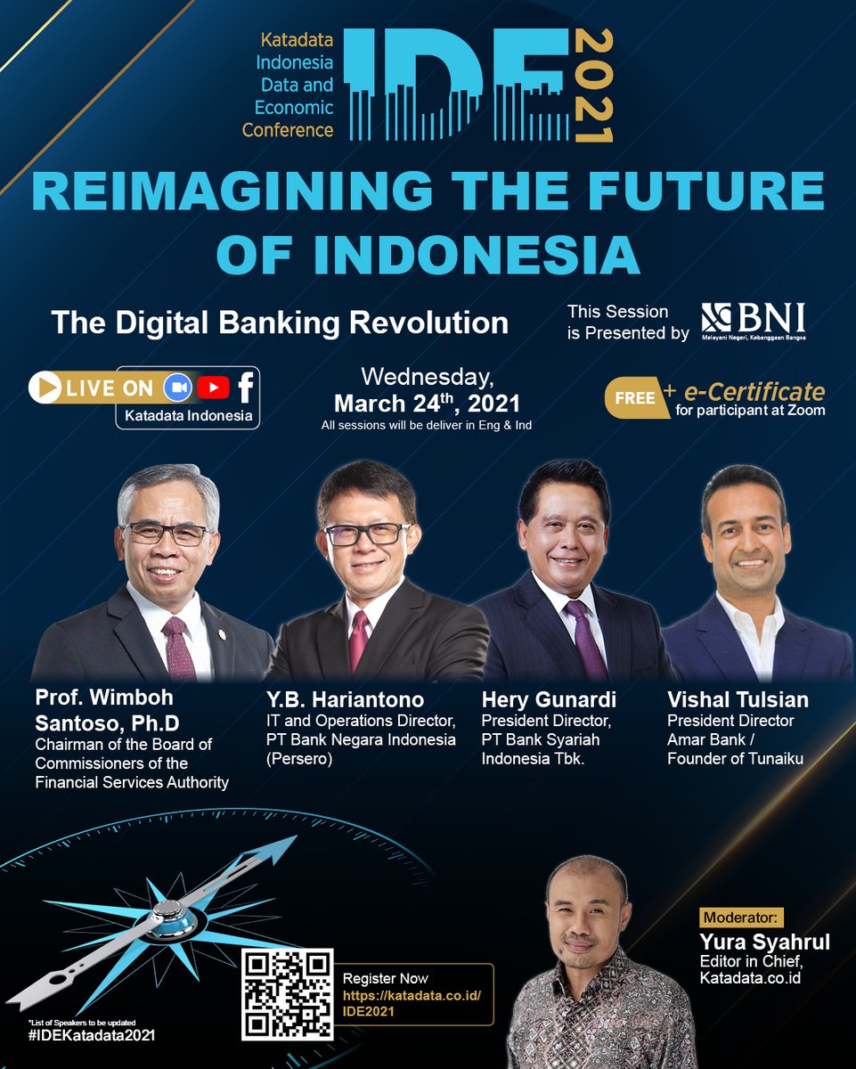 KATADATAcoid's tweet photo. Katadata proudly presents Indonesia Data and Economic Conference 2021: 

REIMAGINING THE FUTURE OF INDONESIA

Don't miss out on Day 3!
Join us as we discuss the most up-to-date topics with our renowned speakers!

Register now!  
https://t.co/iBlmZa3CX8

#IDEKatadata2021 https://t.co/yVm8anFOMK