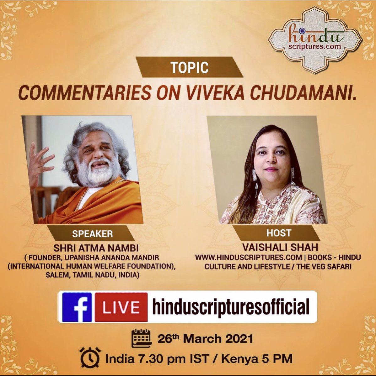 theLIVELIFE_org's tweet photo. Join for FREE Facebook LIVE!
ATMA NAMBI is invited by Vaishali Shah, Kenya to speak about the in-depth life wisdom of Enlightend Master Vivekachudamani of India.
@hindu_scripture
#ATMANAMBI #theLIVELIFE #UpanishaAnandaMandir #vivekachudamani #meditation #Hinduscriptures #yoga https://t.co/4ICERbfeY7