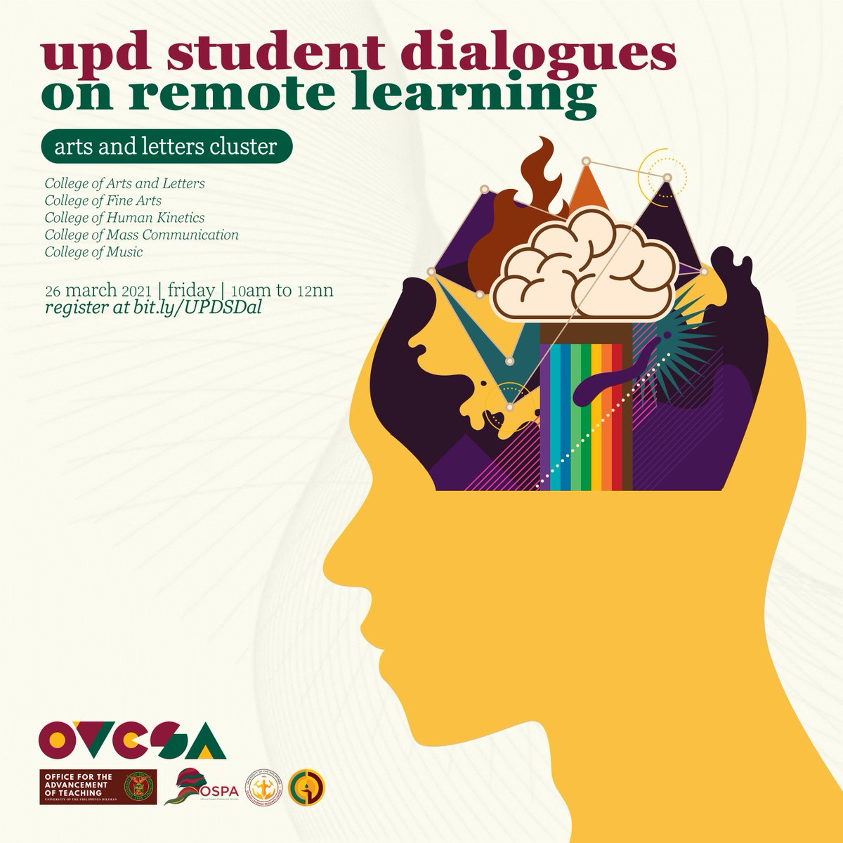 updilimanovcsa's tweet photo. #UPDStudentDialogues π£
Calling all students from the Arts and Letters (AL) & Management and Economics (ME) clusters!
The UPD OVCSA is conducting the next two student dialogues on 26 March 2021. See you all!
Read more at https://t.co/HFF9OSARP9 https://t.co/n3wUxugb5E
