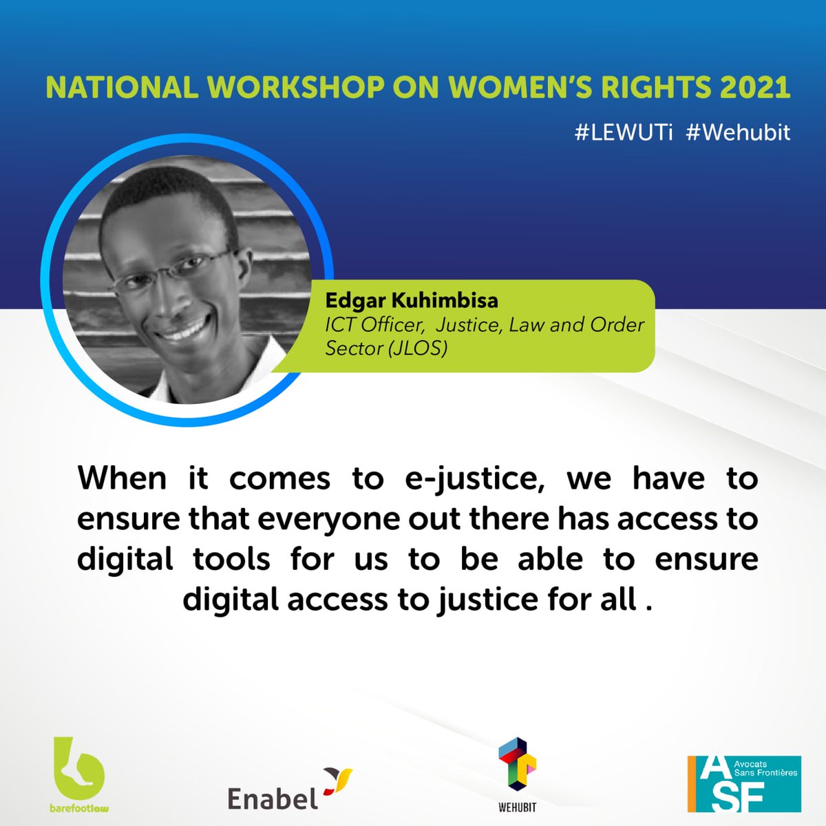 barefootlaw_org's tweet photo. " When it comes to e-justice, we have to ensure that everyone out there has access to digital tools for us to be able to ensure digital access to justice for all," @edgarkuhimbisa from @JLOSUganda .
#Wehubit
#LEWUTi
#D4D
@EnabelinUganda https://t.co/s8XxRuEdf1