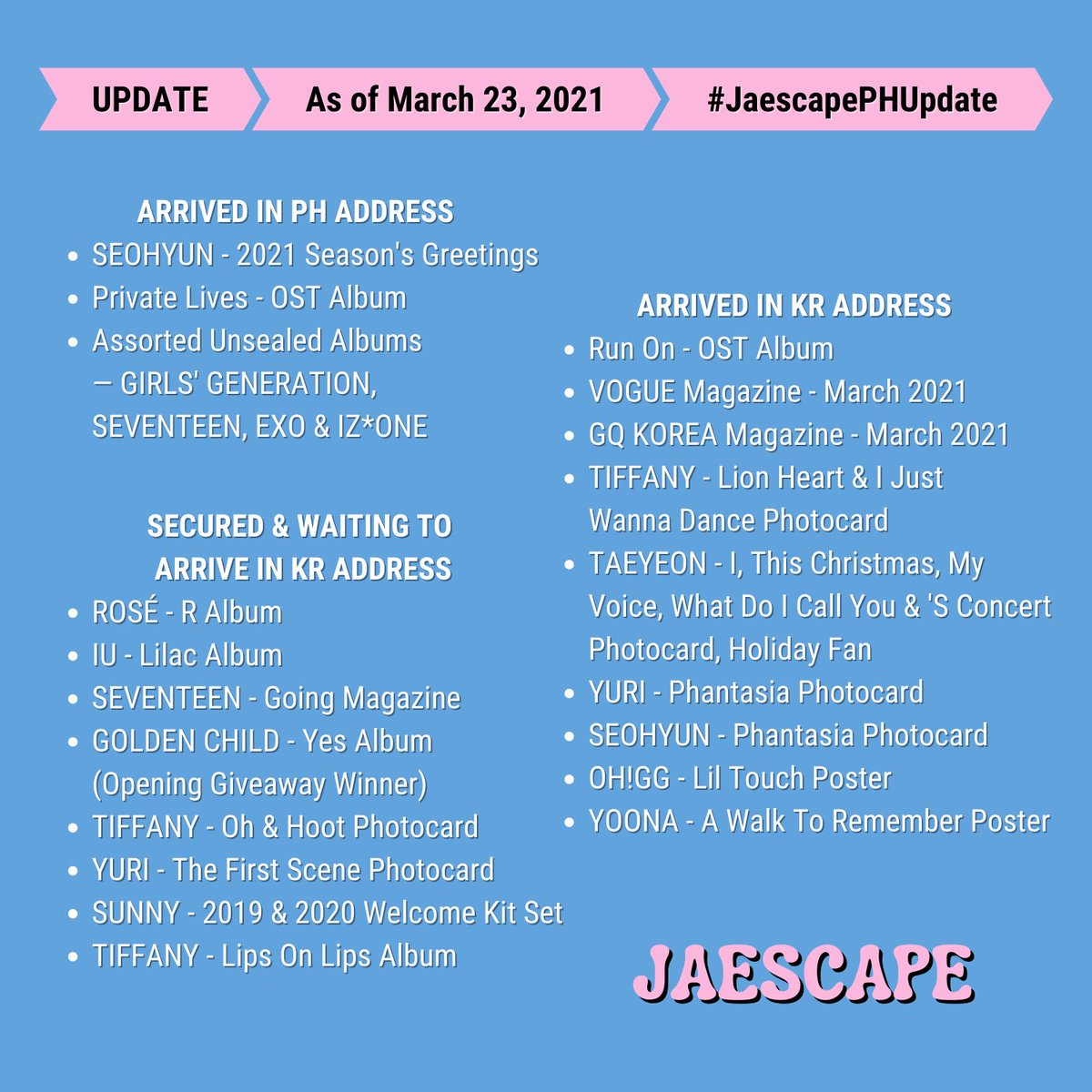 jaescapeph's tweet photo. UPDATE - As of March 23, 2021

#JaescapePHUpdate https://t.co/ocphT2s59o