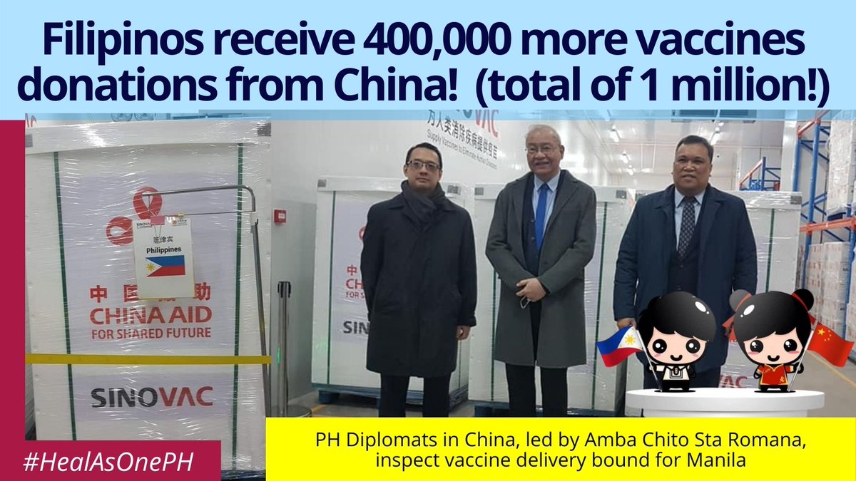 idsicenter's tweet photo. China donates 400,000 more vaccines to save Filipinos! P650 x 400,000 vaccines = 260 million pesos! Total of 1 million vaccines!

Thank you to the hardworking diplomats, Filipinos in China &amp; Chinese in the Philippines, for making this possible! #HealAsOne #SafePH #StaySafe 🇵🇭 https://t.co/PYuup7DZba