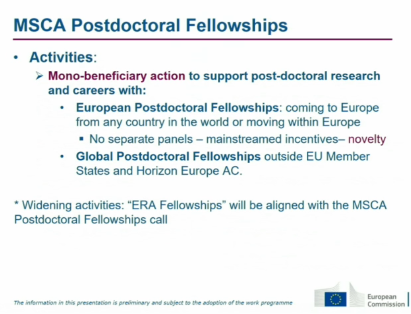 b_p_cahill's tweet photo. .@MSCActions Individual Fellowships becomes "Postdoctoral Fellowships" in #horizoneurope. 
➡️No Career Restart/Society&amp;Enterprise/Panels. Two options: Global &amp; European
➡️Max. 8 yrs since PhD with exceptions
➡️PhD required at deadline
➡Proposals scored below 70% can't resubmit https://t.co/y4xadxHV4e