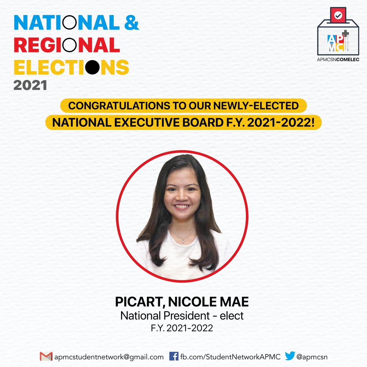 apmcsn's tweet photo. Congratulations to our newly-elected National Executive Board for F.Y. 2021-2022!
National President-elect:
Nicole Mae Picart (UPCM)
#IgniteAPMCSN #APMCSN20Years #APMCSNElections2021 https://t.co/iLELJTQ9gR