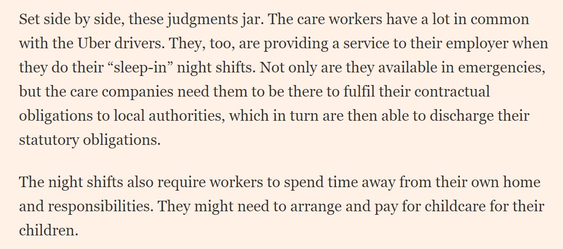 The UK Supreme Court ruled (mostly male) Uber drivers are "workers" owed minimum wage even when they're waiting between passengers. But last week, it ruled (mostly female) care workers aren't owed min wage when obliged to sleep at work. This isn't fair. ft.com/content/8b9e1e…